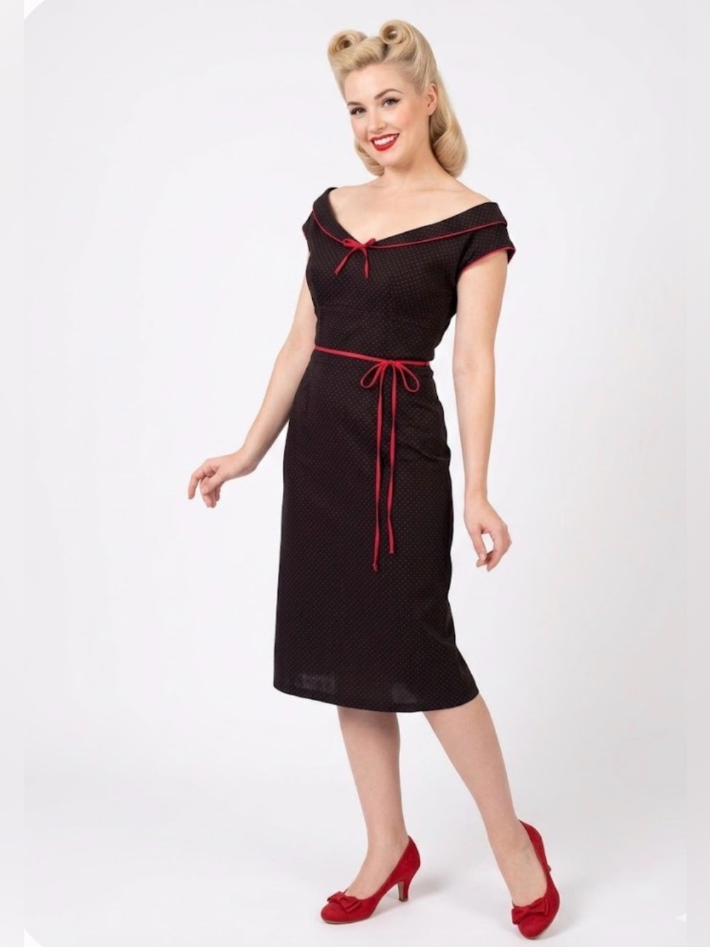 Stop Staring Black and Red Polka Dot Rockabilly Pin-Up Dress - Size Medium